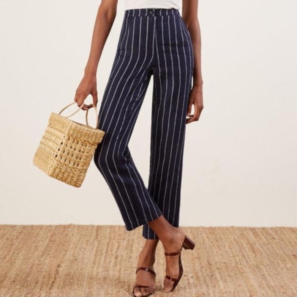 Reformation Verano Linen Pants Siegel Navy White Striped Wide Leg Trousers